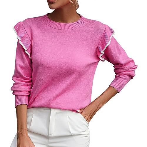 Pullover Damen, Damen Pullover Rundhals Strickpullover Rüschen Langarm Sweater Lässig Oversize Sweatshirt Einfarbig Warm Pulli Winter Oberteile Tops Frauen Elegant Casual Strickpulli von Generic