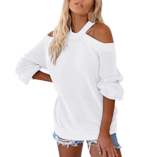 Pullover Damen, Damen Pullover Schulterfrei Lässig Strickpullover Einfarbig Warm Sweater Langarm Oversize Sweatshirt Pulli Winter Elegant Strickpulli Casual Lose Oberteile Tops von Generic