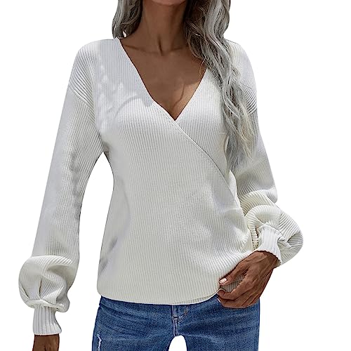 Pullover Damen, Damen Pullover Tiefer V-Ausschnitt Strickpullover Warm Lässig Sweater Langarm Sweatshirt Pulli Einfarbig Elegant Strickpulli Winter Casual Winterpullover Oberteile von Generic