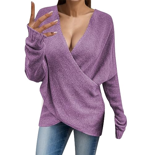 Pullover Damen, Damen Pullover Tiefer V-Ausschnitt Strickpullover Warm Langarm Sweater Lässig Oversize Sweatshirt Einfarbig Elegant Pulli Winter Locker Strickpulli Winterpullover von Generic