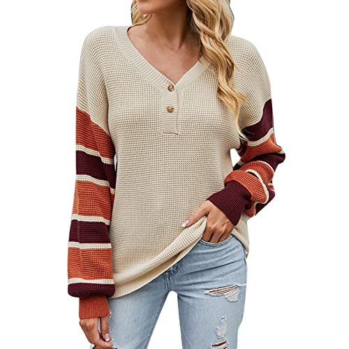 Pullover Damen, Damen Pullover V-Ausschnitt Streifen Strickpullover mit Tasten Lässig Warm Sweater Langarm Oversize Sweatshirt Herbst Winter Pulli Oberteile Elegant Strickpulli Tops von Generic