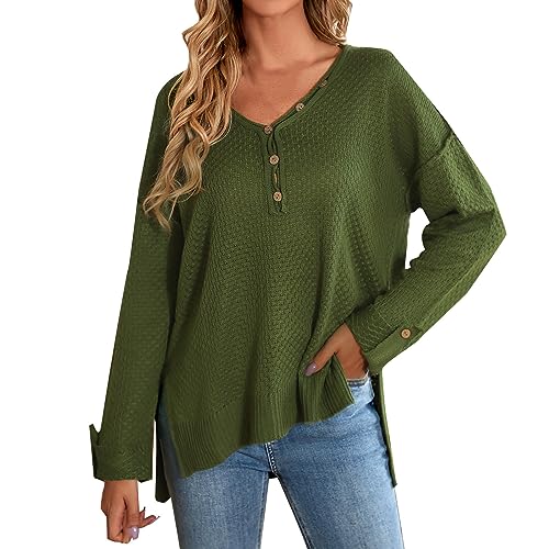 Pullover Damen, Damen Pullover V-Ausschnitt Tasten Strickpullover mit Schlitz Lässig Oversize Warm Sweater Einfarbig Langarm Sweatshirt Herbst Winter Pulli Elegant Strickpulli Oberteile von Generic