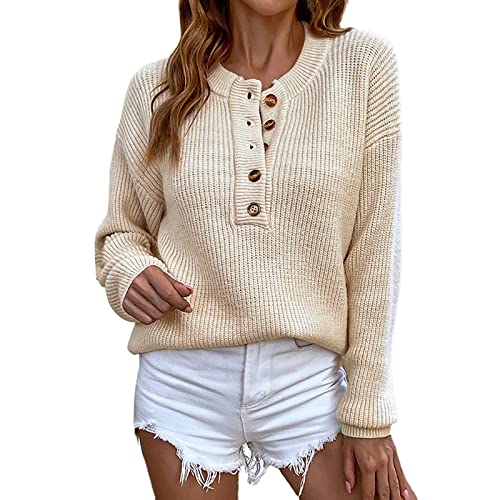 Pullover Damen, Damen Strickpullover Crew Neck Einfarbig Knopfe Casual Pullover Langarm Strickpulli Elegant Lockerer Sweater Oberteil Herbst Winter Warm Pulli Sweatshirt Häkelpullover Tops von Generic