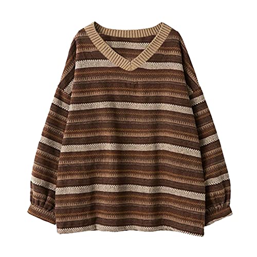 Pullover Damen, Damen Vintage Streifen Pullover Gestreift Strickpullover Winter Herbst Oversize Casual Pulli Patchwork Langarm Rundhals Sweatshirt Elegant Jumper Oberteile Tops von Generic