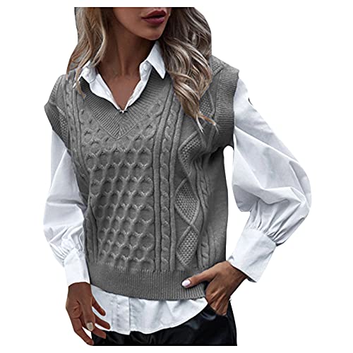 Pullover Damen, Damen Weste Einfarbig Strick Pullover Ärmellos V-Ausschnitt Pullunder Winter Herbst Lässiges Strickweste Elegent Strickpullover Warme Gestrickt Pulli Sweatshirt Oberteil von Generic