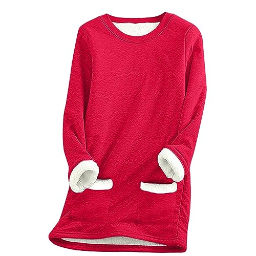 Pullover Damen, Pullover Damen Winter Sweatshirt Ohne Kapuze Langarmshirt Teddyfleece Pullover Damen Fleeceshirt Langarm Warme Pullover Damen Winter Kuschelig Teddy Damenpullover (Rot,3XL) von Generic