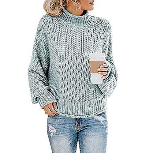 Pullover Damen, Pullover Khaki Damen Sport Oberteile Damen Langarm Kleidung Damen Strick Rollkragen Pullover Oversize Fledermausärmel Strickpullover Langarm Elegant Grobstrickpullover (A02,M) von Generic