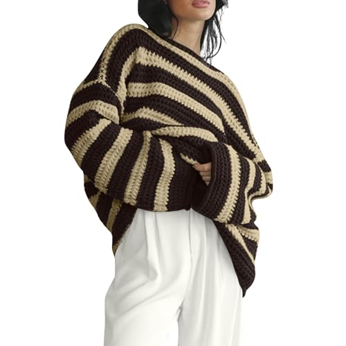 Pullover Damen, Strickpullover Damen Gestreifter Pullover Stricken Gestreiftes Langarmshirt Cable Knit Gestreift Gestrickter Pullover Strickpulli Damen Feinstrickpullover Streifen (Khaki,L) von Generic