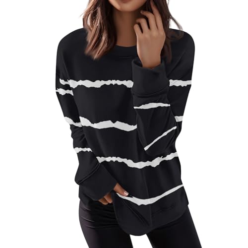 Pullover Damen,Sweatshirts FüR Damen,Damen Pullover Pullover Elegantes Basic Langarmhemd Rundhalsausschnitt Baumwollpullover Gestreiftes Bedrucktes Lässiges Top,Schwarz,L von Generic