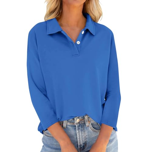 Pullover Damen 80Er Jahre Outfit Basic 3/4 Arm Poloshirt Elegant Fall Fall Langarmshirt Kragen Polo Shirt Top Office Langarm Business Sweater Damen Musselin Bluse (1-Königs Blau,XXL) von Generic