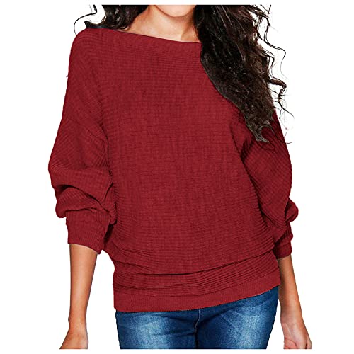 Pullover Damen Baumwolle - Strickpullover Fledermausärmel Ribbed Sweater T Shirt Langarm Sweatshirt Elegant Einfarbig Große Größen Locker Lässig Strickshirt Pulli Top Blusen & Tuniken für Frauen von Generic