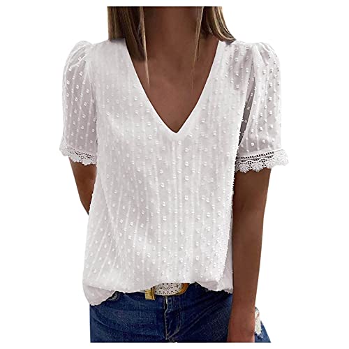 Pullover Damen Bluse Spitze V-Ausschnitt Sommer Tops Kurzarm Elegant Damenblusen Tunika Lose Leichte Oberteile Bluse Shirt von Generic