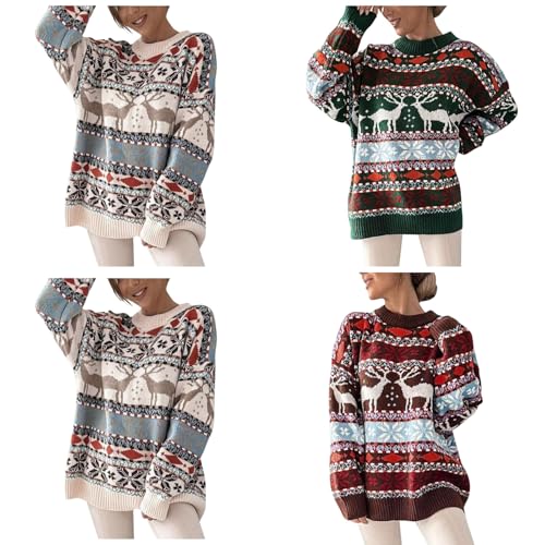 Pullover Damen Colorblock Rundhals Weihnachtspullover Langarm Strickpullover Warme Christmas Sweater Oversize Weihnachtspulli Elegant Gestreift Weihnachten Pullis von Generic