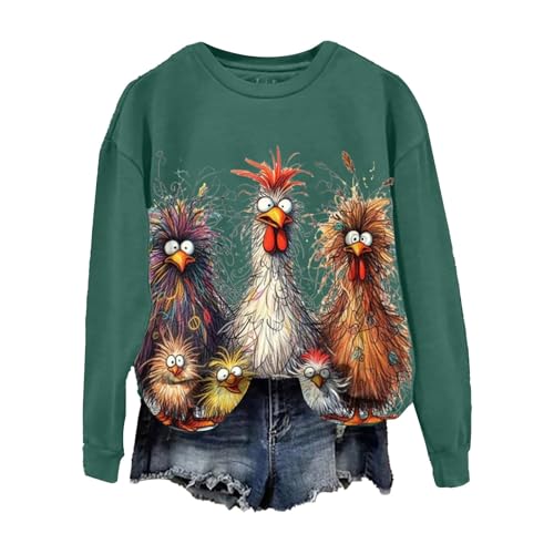 Pullover Damen Eagerlys Sweatshirt mit farbenfrohem, lustigem Hühner-Kunstdruck Dünnes Sweatshirt Damen 𝐋angarmshirt Sport Damen (Green, M) von Generic