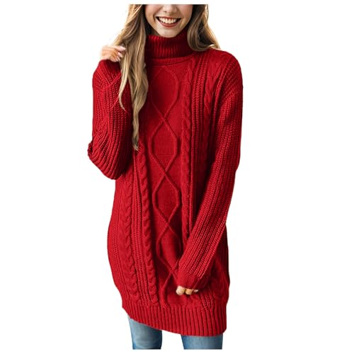 Pullover Damen Elegant, Lange Winterpullover Einfarbig Strickpullover Winterkleid Damen Winter Lässiges Oversize Pulli Sweater Elegant Longpullover Langarm Sweatshirt Strickpulli von Generic