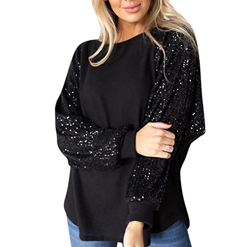 Pullover Damen Elegant Bluse Langarmshirt Pailletten Oberteil Festliche Blusen Langarm Tunika Lässig Rundhals Pailletten Glitter Party Cocktail Oberteile Top von Generic