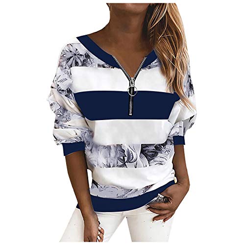 Pullover Damen Elegant Langarm Pullover-Ärmel-Sweatshirt Reißverschluss gestreifte Blumenbluse Lange Nahtdruck Frauen Damenbluse Pullover Damen Sweatshirt Oberteile Tops Shirts Blau von Generic