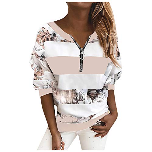 Pullover Damen Elegant Langarm Pullover-Ärmel-Sweatshirt Reißverschluss gestreifte Blumenbluse Lange Nahtdruck Frauen Damenbluse Pullover Damen Sweatshirt Oberteile Tops Shirts von Generic