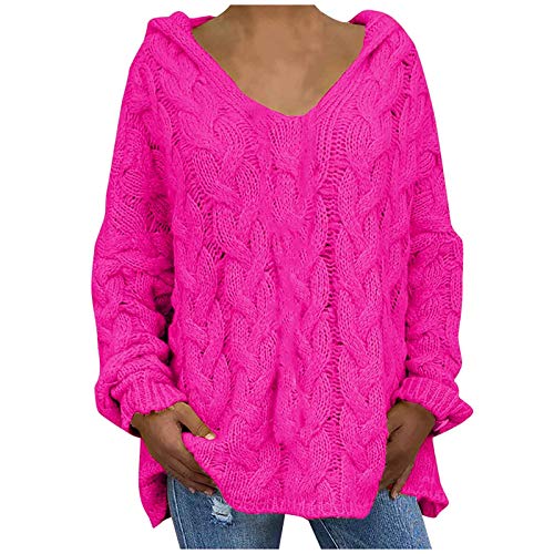 Pullover Damen Elegant Strickpullover Casual Lose Tops Feder V-Ausschnitt Oberteile Jumper Pulli mit Kapuze Einfarbig Sweater Farbblock Langarm Rundhals Hohlpullover Herbst Winter von Generic