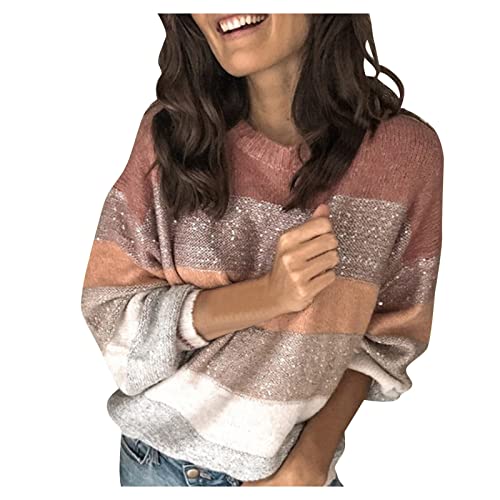 Pullover Damen Elegant - Strickpullover Damen Farbblock Gestreifter Pulli Langarm Locker Lässig Langarmshirt Strick Sweater Sweatshirt Strickpulli Oberteile Blusen & Tuniken für Frauen von Generic