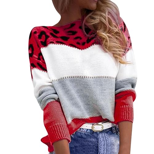 Pullover Damen Elegant - Strickpullover Damen Langarm Leopard Patchwork Oberteile Sweater Sweatshirt Locker Lässig Strickshirt Warme Pulli Top Blusen & Tuniken für Frauen Herbst Winter von Generic