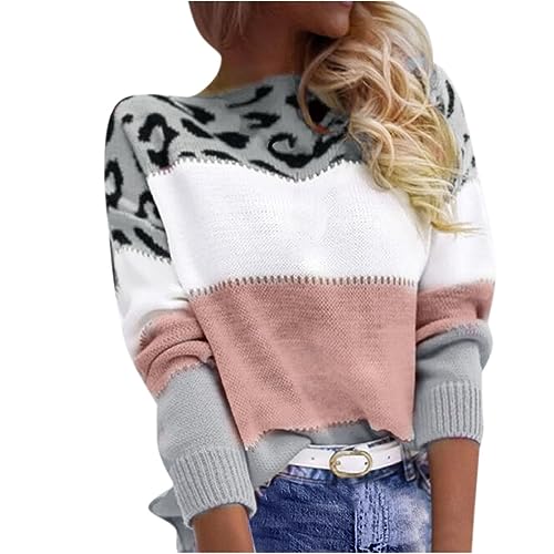 Pullover Damen Elegant - Strickpullover Damen Langarm Leopard Patchwork Oberteile Sweater Sweatshirt Locker Lässig Strickshirt Warme Pulli Top Blusen & Tuniken für Frauen Herbst Winter von Generic