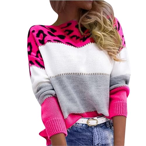 Pullover Damen Elegant - Strickpullover Damen Langarm Leopard Patchwork Oberteile Sweater Sweatshirt Locker Lässig Strickshirt Warme Pulli Top Blusen & Tuniken für Frauen Herbst Winter von Generic