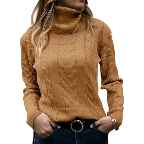 Pullover Damen Elegant Strickpullover Rollkragenshirt Lang Winter Winterpullover Elegant Rundhals Sweatshirt Frauen Langarm Herbst Oberteile Damenpullover Tops Pullis (Z Brown, XXL) von Generic