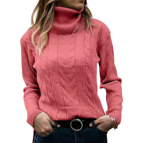 Pullover Damen Elegant Strickpullover Rollkragenshirt Lang Winter Winterpullover Elegant Rundhals Sweatshirt Frauen Langarm Herbst Oberteile Damenpullover Tops Pullis (Z Watermelon Red, M) von Generic