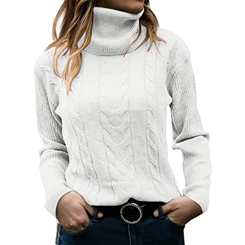 Pullover Damen Elegant Strickpullover Rollkragenshirt Lang Winter Winterpullover Elegant Rundhals Sweatshirt Frauen Langarm Herbst Oberteile Damenpullover Tops Pullis (Z White, M) von Generic