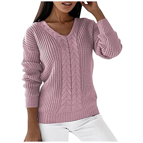 Pullover Damen Elegant Strickpullover V-Ausschnitt Lang Winter Winterpullover Elegant Rundhals Sweatshirt Frauen Langarm Herbst Oberteile Damenpullover Tops Pullis von Generic