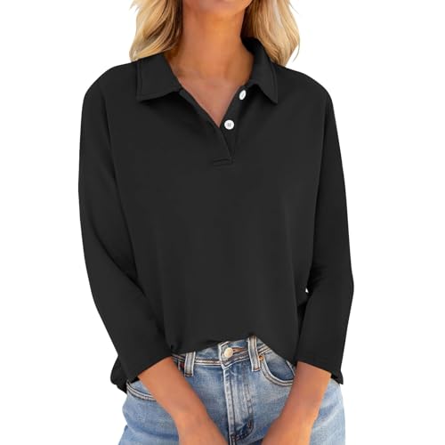 Pullover Damen Fall 90Er Jahre Outfit Basic 3/4 Arm Poloshirt Elegant Fall Langarmshirt Kragen Polo Shirt Top Office Langarm Business Oberteile Damen Winter Pullover Für (1-Schwarz,M) von Generic
