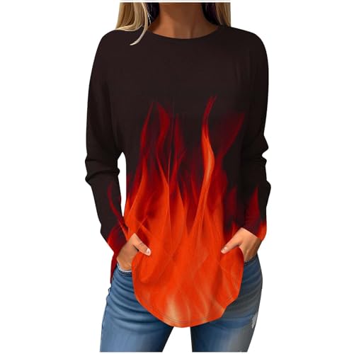 Pullover Damen Flammen Druck Longbluse Modische Tunika Langarm O-Ausschnitt Longshirt Bequem Langarmshirt Passform Regulär Longtops Plus Size Oberteile Frühling Sommer Tshirt S-5XL von Generic