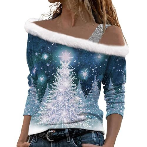 Pullover Damen Herbst Weihnachtspulli Weihnachten Plüsch Schulterfrei Langarm Pulli Shirt mit Weihnachtsbaum Druck Xmas Weihnachtspullover Mädchen Christmas Sweatshirt Weihnachts Tshirt Oberteile von Generic
