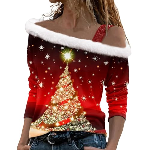 Pullover Damen Herbst Weihnachtspulli Weihnachten Plüsch Schulterfrei Langarm Pulli Shirt mit Weihnachtsbaum Druck Xmas Weihnachtspullover Mädchen Christmas Sweatshirt Weihnachts Tshirt Oberteile von Generic