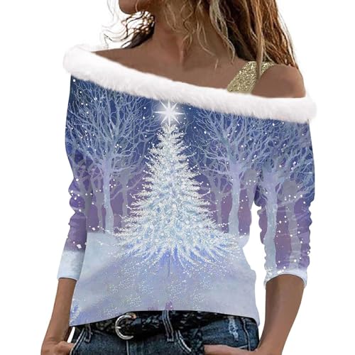 Pullover Damen Herbst Weihnachtspulli Weihnachten Plüsch Schulterfrei Langarm Pulli Shirt mit Weihnachtsbaum Druck Xmas Weihnachtspullover Mädchen Christmas Sweatshirt Weihnachts Tshirt Oberteile von Generic