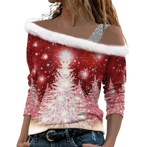 Pullover Damen Herbst Weihnachtspulli Weihnachten Plüsch Schulterfrei Langarm Pulli Shirt mit Weihnachtsbaum Druck Xmas Weihnachtspullover Mädchen Christmas Sweatshirt Weihnachts Tshirt Oberteile von Generic