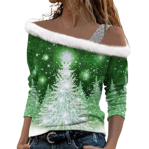 Pullover Damen Herbst Weihnachtspulli Weihnachten Plüsch Schulterfrei Langarm Pulli Shirt mit Weihnachtsbaum Druck Xmas Weihnachtspullover Mädchen Christmas Sweatshirt Weihnachts Tshirt Oberteile von Generic