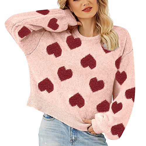 Pullover Damen Herz Print Strickpullover Damen Sexy V-Ausschnitt Oberteile Einfarbig Oversize Stricken Pulli Lässiges Lose Langarm Sweatshirt Winter Herbst Warm Sweater Elegant Tops von Generic