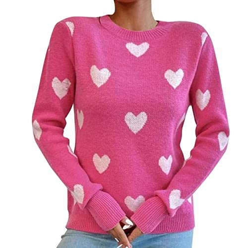 Pullover Damen Herz Print Strickpullover Damen Sexy V-Ausschnitt Oberteile Einfarbig Oversize Stricken Pulli Lässiges Lose Langarm Sweatshirt Winter Herbst Warm Sweater Elegant Tops von Generic