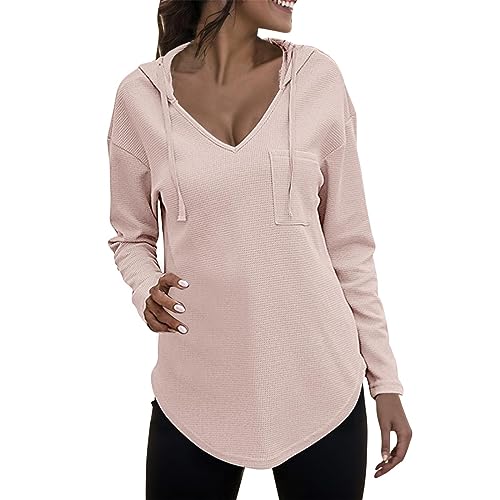 Pullover Damen Hoodie Langarm V Ausschnitt Pullover Sweatshirt Kapuzenpullover Einfarbig Drawstring Top Kapuzenpullover Damen Hoodie Pullover Sweatshirt Langarm Tops (Beige-A, XL) von Generic