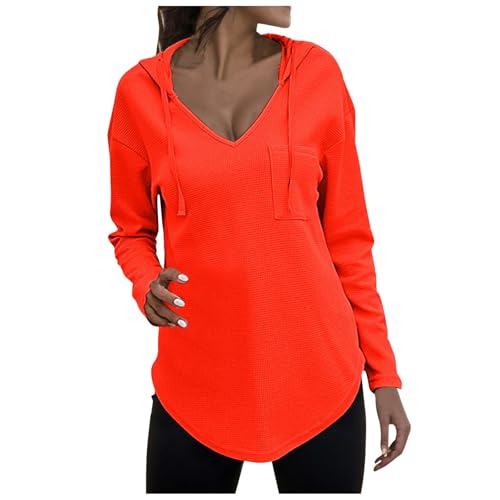 Pullover Damen Hoodie Langarm V Ausschnitt Pullover Sweatshirt Kapuzenpullover Einfarbig Drawstring Top Kapuzenpullover Damen Hoodie Pullover Sweatshirt Langarm Tops (Orange-C, XXL) von Generic