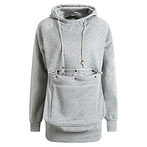 Pullover Damen Katzentasche Kapuzenpullover mit Reißverschluss Longshirt Hoodie Outwear Langarm Sweatshirt Casual Kapuzenpulli Große Tasche Pouch Hood Carry Cat Atmungsaktive (Grey, XL) von Generic