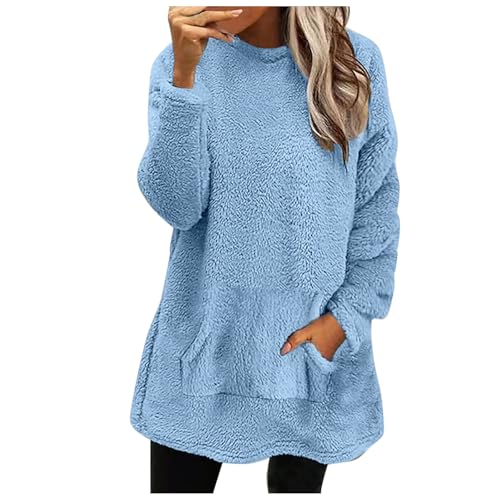 Pullover Damen Lang Teddy Fleece Flauschig Pulli Weich Winter Warm Sweatshirt Ohne Kap uze Oversize Casual Langarm Fleecepulli Lose Plüsch Pulli Tops Lockeres Oberteile Taschen Hoodie (Blue-a, XXL) von Generic