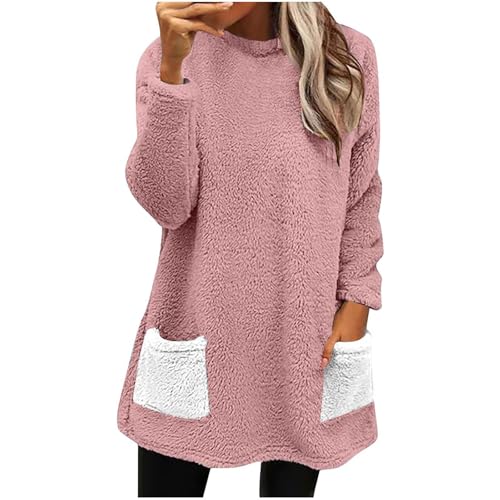 Pullover Damen Lang Teddy Fleece Flauschig Pulli Weich Winter Warm Sweatshirt Ohne Kap uze Oversize Casual Langarm Fleecepulli Lose Plüsch Pulli Tops Lockeres Oberteile Taschen Hoodie Kap (XXL) von Generic