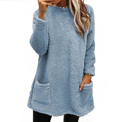 Pullover Damen Lang Teddy Fleece Flauschig Pulli Weich Winter Warm Sweatshirt Oversize Casual Langarm Fleecepulli Lose Plüsch Hoodie Tops Lockeres Cute Oberteile mit Taschen von Generic