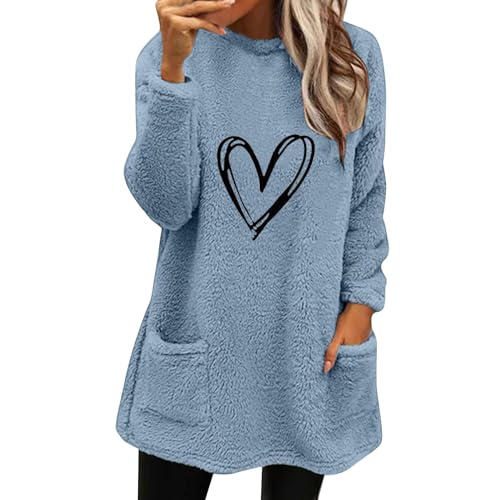 Pullover Damen Lang Teddy Fleece Flauschig Pulli Weich Winter Warm Sweatshirt Oversize Casual Langarm Fleecepulli Lose Plüsch Hoodie Tops Lockeres Cute Oberteile mit Taschen von Generic