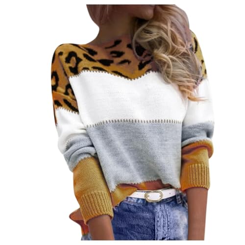 Pullover Damen Leopard Strickpullover Langarm Rundhals Sweater Patchwork Sweatshirt Herbst Winter Elegant Norweger Pulli Warme Lose Jumpers Blusen Oberteile Tops von Generic