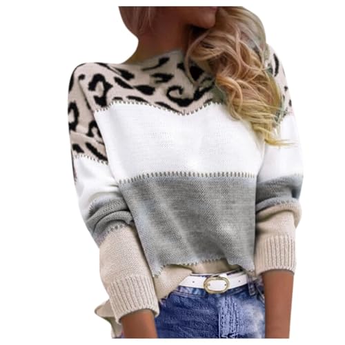 Pullover Damen Leopard Strickpullover Langarm Rundhals Sweater Patchwork Sweatshirt Herbst Winter Elegant Norweger Pulli Warme Lose Jumpers Blusen Oberteile Tops von Generic