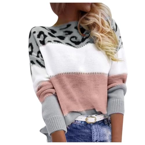 Pullover Damen Leopard Strickpullover Langarm Rundhals Sweater Patchwork Sweatshirt Herbst Winter Elegant Norweger Pulli Warme Lose Jumpers Blusen Oberteile Tops von Generic